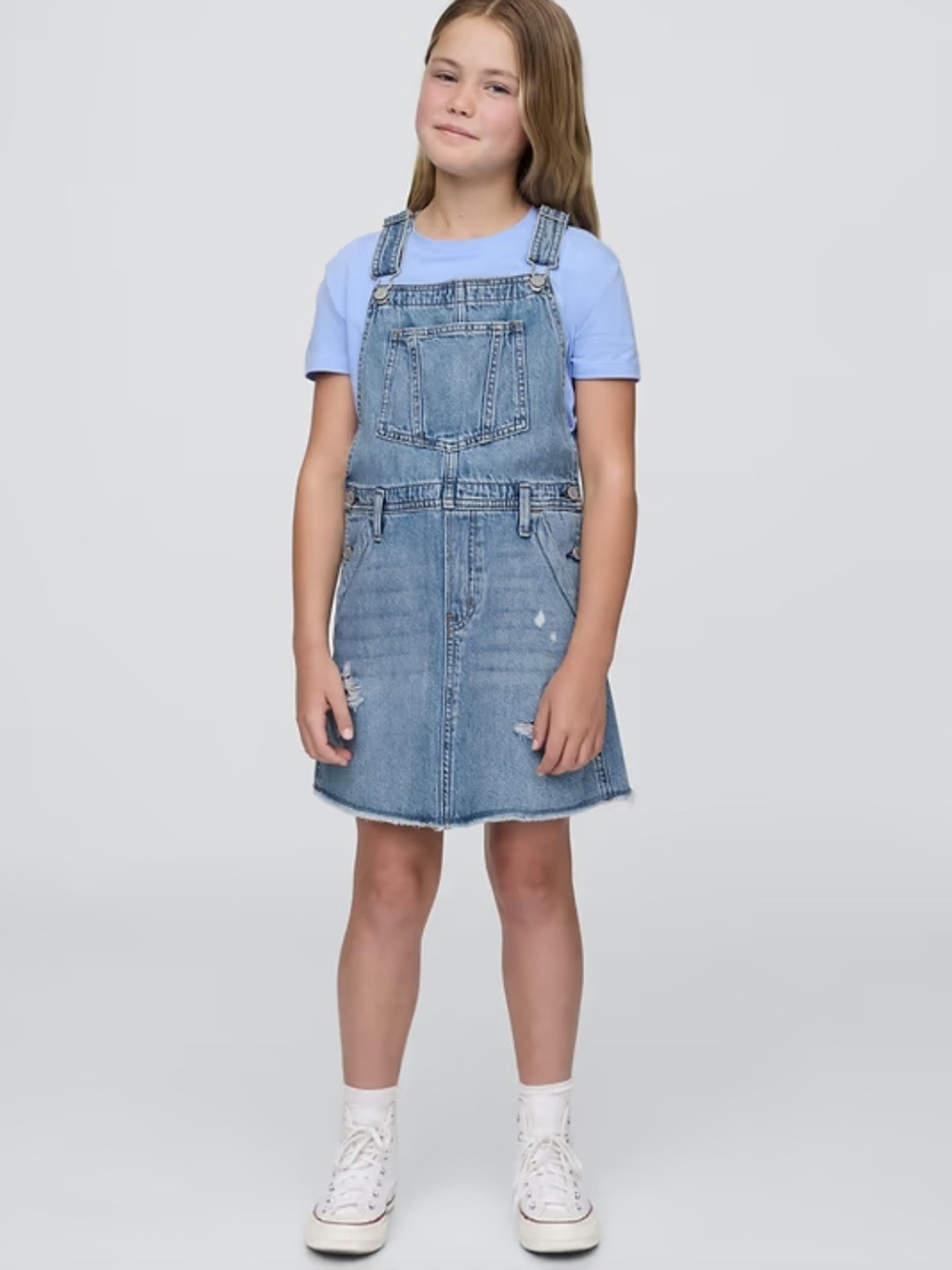 Gap Kids Denim Pinafore Dress Blue Distressed A-Line Overalls Skirt XXL 14/16